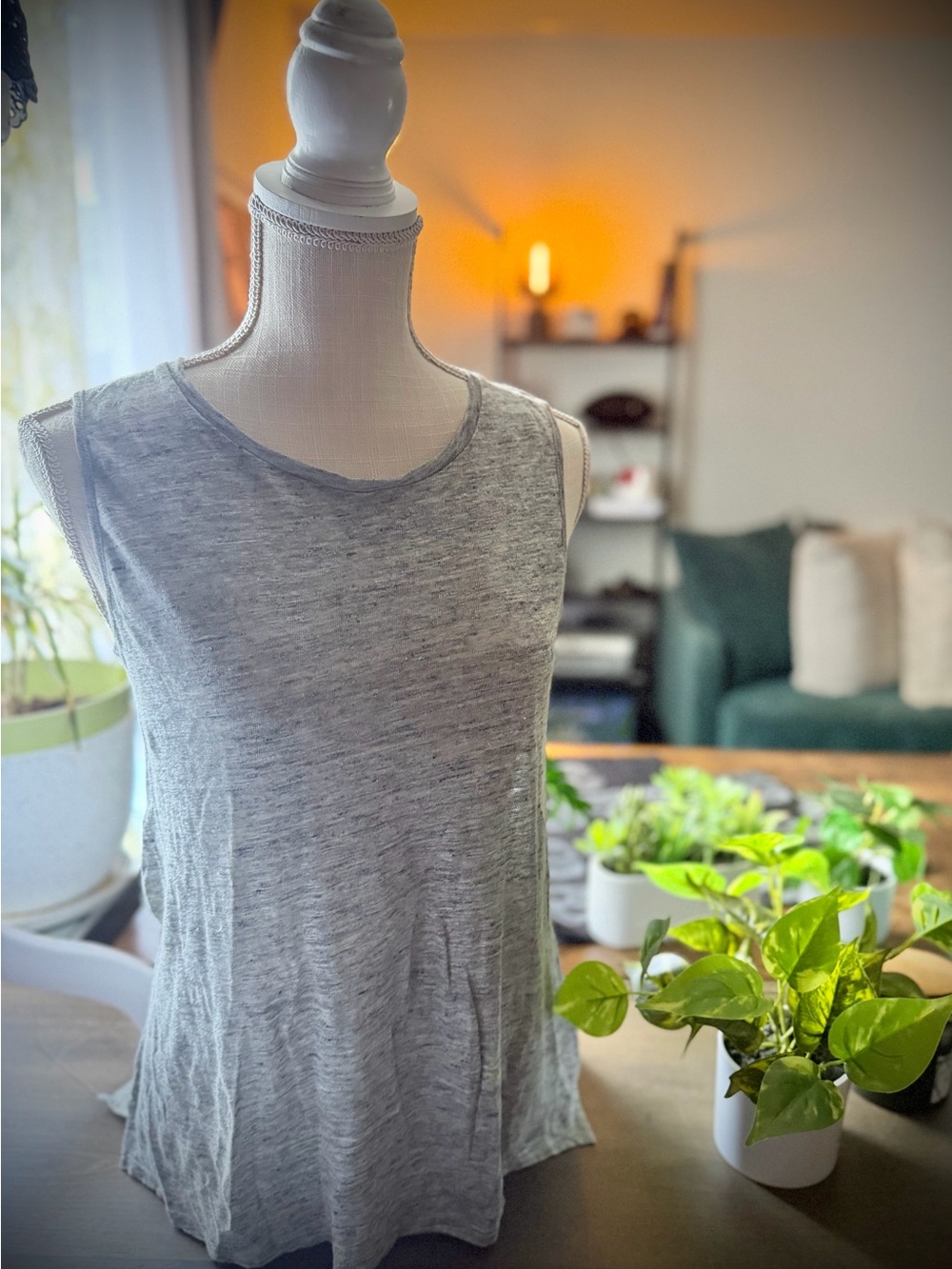 VINCE | S | High Neck Heather Grey Linen Lightweight Slub Tank